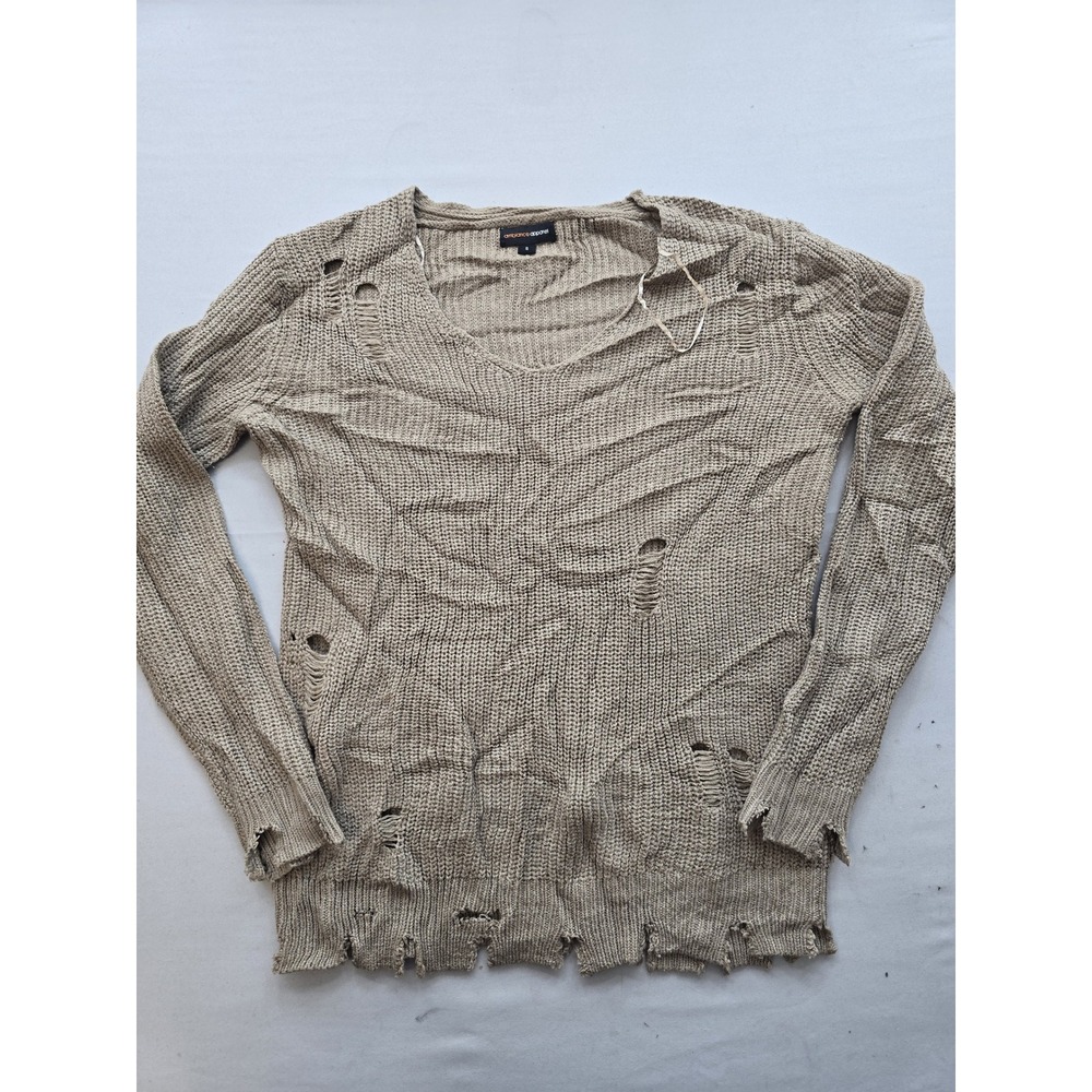 Ambiance Apparel Distressed V-Neck Sweater Tan Khaki Shredded Knit Small